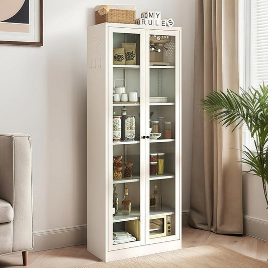 72'' Storage Cabinet, 5 Adjustable Shelves Kitchen Pantry with 2 Glass Doors, Tall White Metal Storage Cabinet with External Hooks, Freestanding Heavy-Duty Pantry for Kitchen