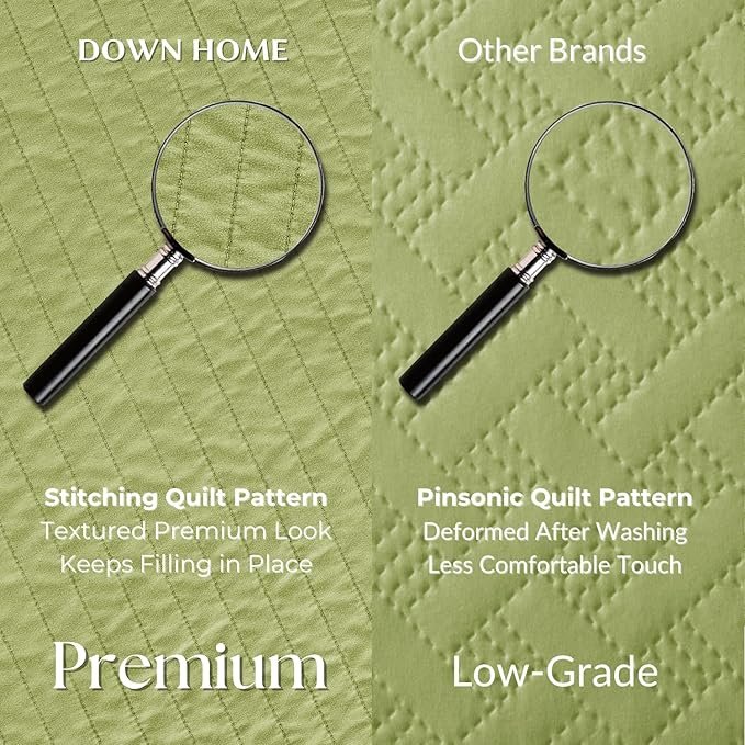 DOWN HOME Queen Quilt Bedding Set with Shams, Vintage Washed Soft Quilted Blanket Thin Comforter Lightweight Bedspread Coverlet Bed Cover, Brushed Microfiber Stripe Stitching, Golden Olive, 86"x90"