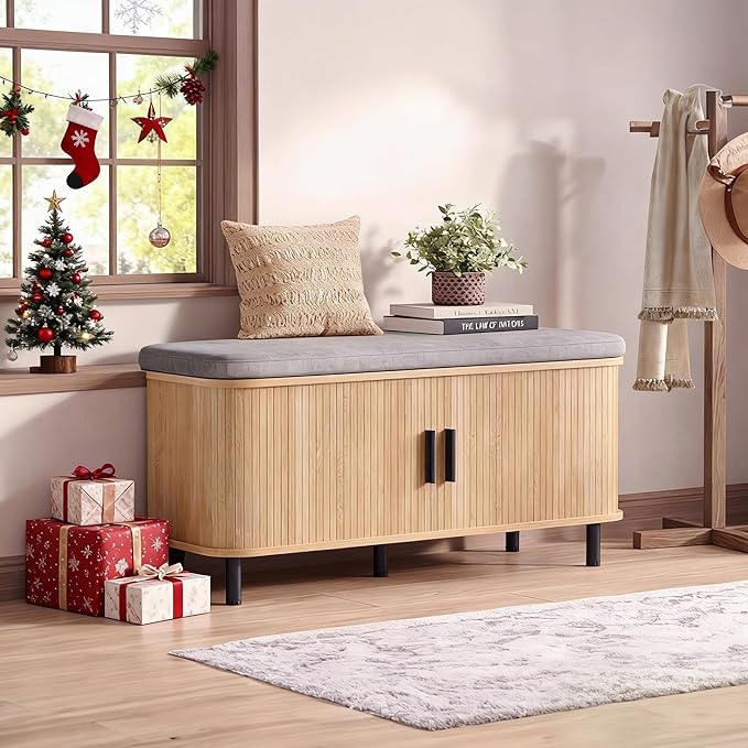 Maupvit 2 Tier Shoe Storage Bench with Smooth Fluted Sliding Doors, 39.4" Wide Entryway Bench with Storage, Thickened Padded Seat Cushion, Hidden Shoe Organizer Cabinet for Living Room, Oak