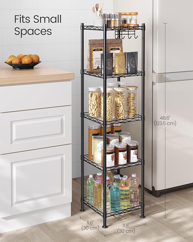 SONGMICS 5-Tier Bathroom Shelf, Storage Rack for Small Space, with 5 PP Shelf Liners, Removable Hook, Extendable Design, Ink Black and Translucent ULGR23BK