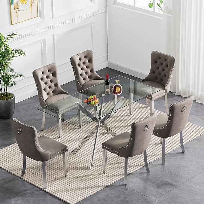 Goujxcy Glass Dining Table Set for 6, Modern Kitchen Table and Chairs Set of 6, 7-Piece Kitchen Dining Room Table Set w/61 Glass Silver Dining Table and 6 Gray Velvet Upholstered Chairs