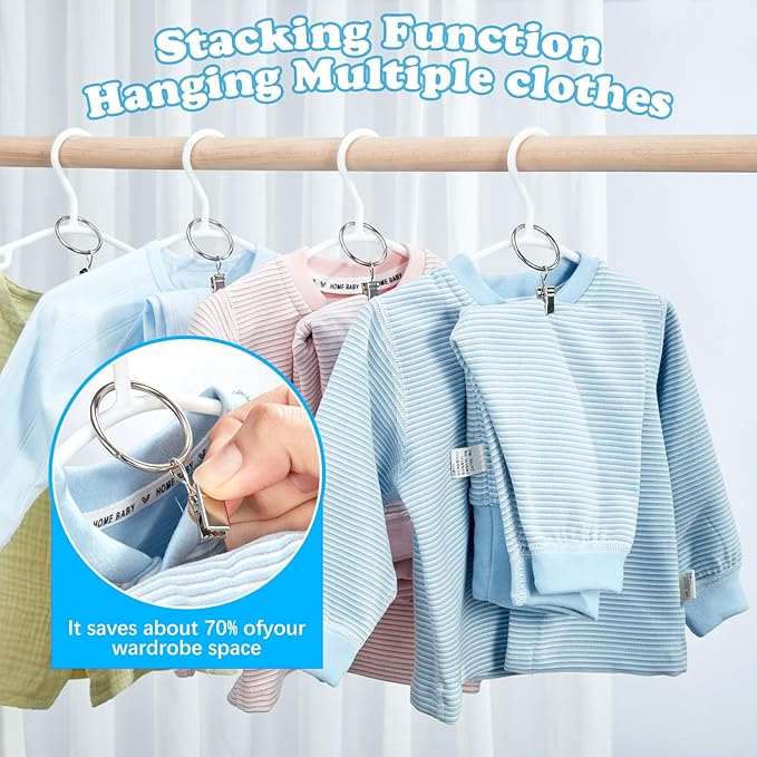 Baby Hangers with Metal Ring Clips, Children Plastic Hanger for Kids Pants Clothes Closet, 20 Pack, White
