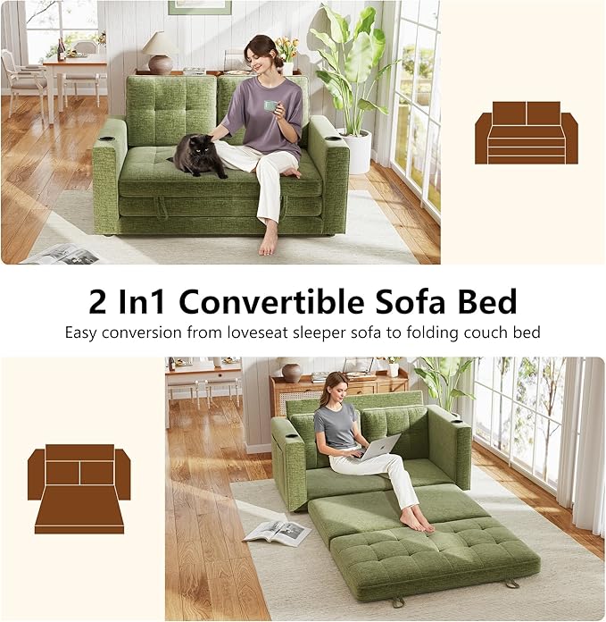 WorthFurni Convertible Sofa Bed, Folding Sofa Bed 2 in1 Pull Out Loveseat Sleeper Sofa, Floor Sofa Bed for Small Spaces Folding Couch Bed with Pillows for Living Room Bedroom - Green