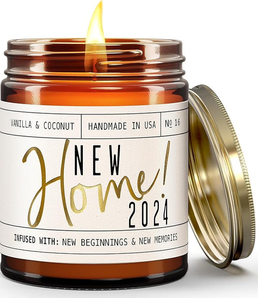House Warming Gifts New Home, Housewarming Gifts New Home - 'New Home 2024' Soy Candle, w/Vanilla, Coconut & Vetiver I for New House, New Home Gifts I 9oz Jar, 50Hr Burn, Made in USA