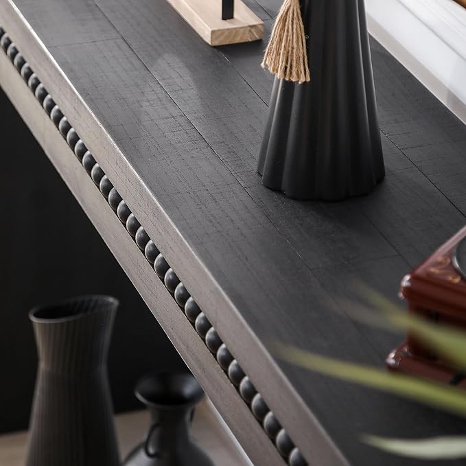 Console Table for Living Room, Long Sofa Table Behind Couch with Real Wood Beads Decoration, Retro Entryway Table for Hallway Foyer (64 Inch, Antique Black)