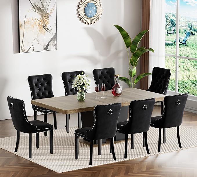 Goujxcy 9-Piece Extendable Dining Table Set for 6-8 People 63-78 Inch Kitchen Table Set with 8 Velvet Upholstered Chairs Farmhouse Rectangular Dining Room Table Set for Kitchen Dining Room Apartment