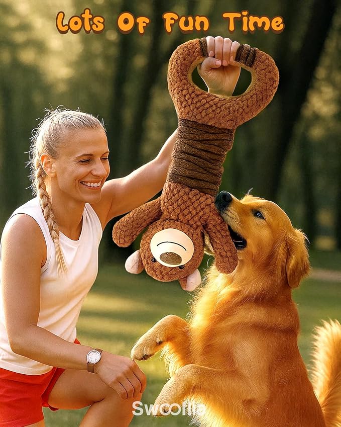 Swooflia Tug of War Dog Toy-Squeaky Plush Tug a War Dog Toy for Medium Large Breed Dogs to Keep Them Busy, Interactive Crinkle Doggie Toy, Cute Bear with Soft Long Pull Handle