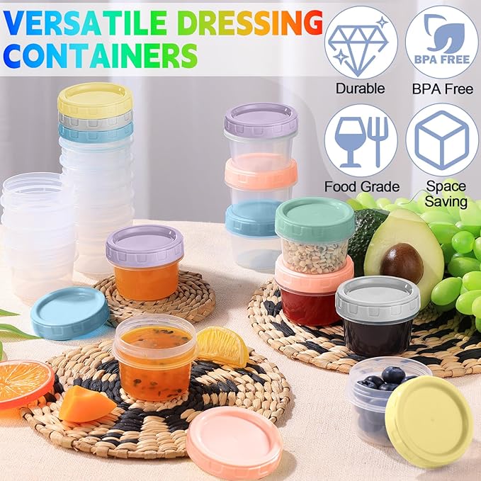 6pcs 2 oz Salad Dressing Container To Go Small Sauce Containers with Lids, Reusable Condiment Cups for Lunch Box, Leakproof, Freezer, Microwave & Dishwasher Safe