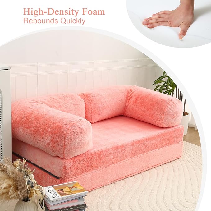 COMAX 4-in-1 Futon Sofa Bed, Queen Size Foldable Couch with L-Shaped Armrests, Convertible Sleeper Chair Bed, Comfortable Lounge Mattress for Living Room and Bedroom, Snow Orange