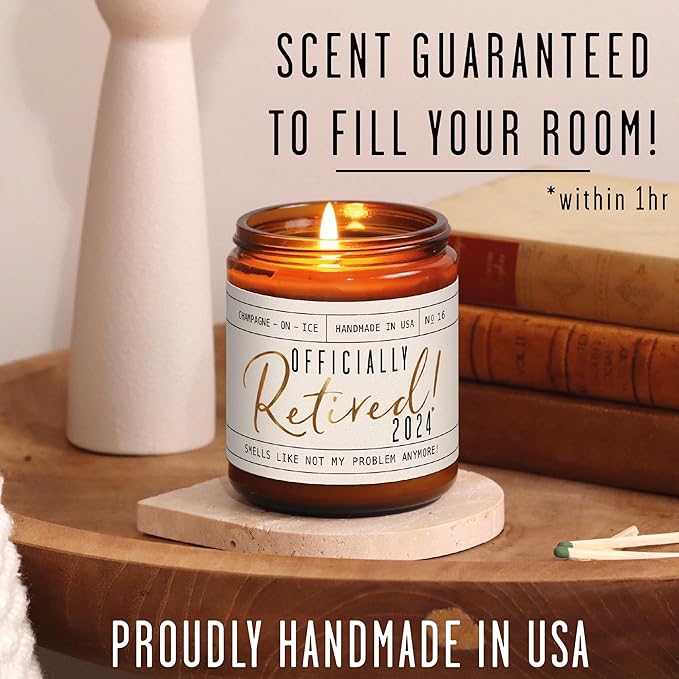 Retirement Gift for Woman - 'Officially Retired 2024' Candle, w/Champagne on Ice I Happy Retirement Gifts for Women 2024 I Retired Gifts for Women I 50Hr Burn, Made in USA