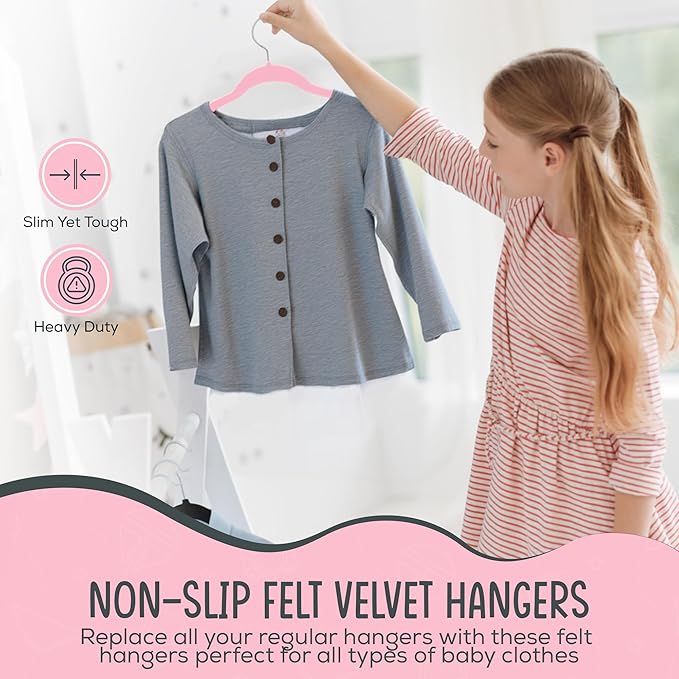 25 Premium Kids Velvet Hangers - 14" Non-Slip Clothes Hangers for Kids & Preteens - Ultra Slim, Space-Saving, Strong & Durable Hangers with 360° Swivel Hook - Pink