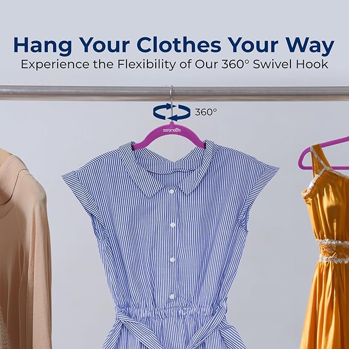 SereneLife 100 Pack Velvet Hangers - Non-Slip Felt with 360° Swivel Hook, Space-Saving, Ultra-Thin, Lightweight for Shirts, Sweaters, Hoodies, Kids Clothes & Dresses