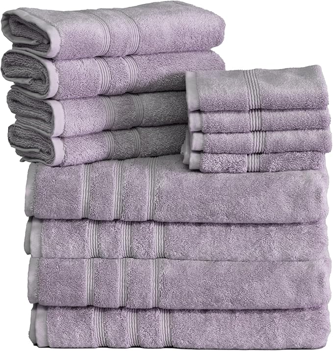 Mosobam Luxury Turkish 12pc Towel Set 30X58 16X30 13X13 Lavender Aura 700 GSM Bamboo Viscose & Aegean Turkish Combed Cotton