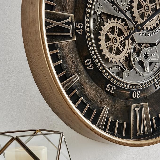 CLXEAST 24 Inch Large Moving Gear Wall Clock for Farmhouse Living Room Decor,Vintage Industrial Bronze Gold Metal Wall Clock for Home Office,House Warming Gifts New Home