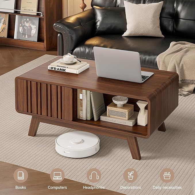 ONBRILL Coffee Table, Mid Century Modern Table with Storage Compartment, Fluted Table with Sliding Cabinet Door, Farmhouse Wood Coffee Table for Living Room (Walnut)