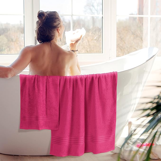 BOUTIQUO 6 Pack Cotton Towel Set, Contains 2 Bath Towels 28x55 inch, 2 Hand Towels 16x24 inch & 2 Wash Coths 12x12 inch, Ideal Everyday use, Ultra Soft Compact & Lightweight - Hot Pink