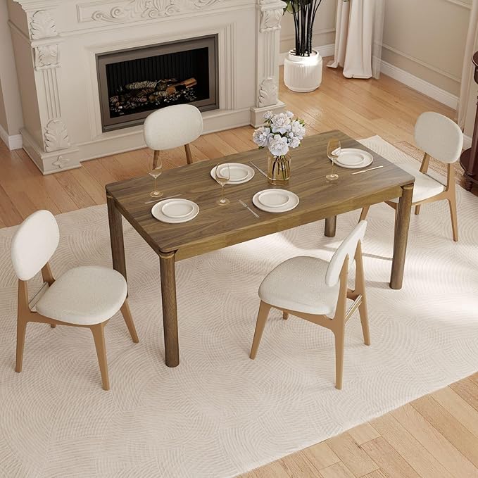 63" Dining Table for 4-6 People, Modern Farmhouse Rectangular Kitchen Table with Solid Wood Legs & Gold Trim, Large Long Dining Room Table for Living Room, Walnut