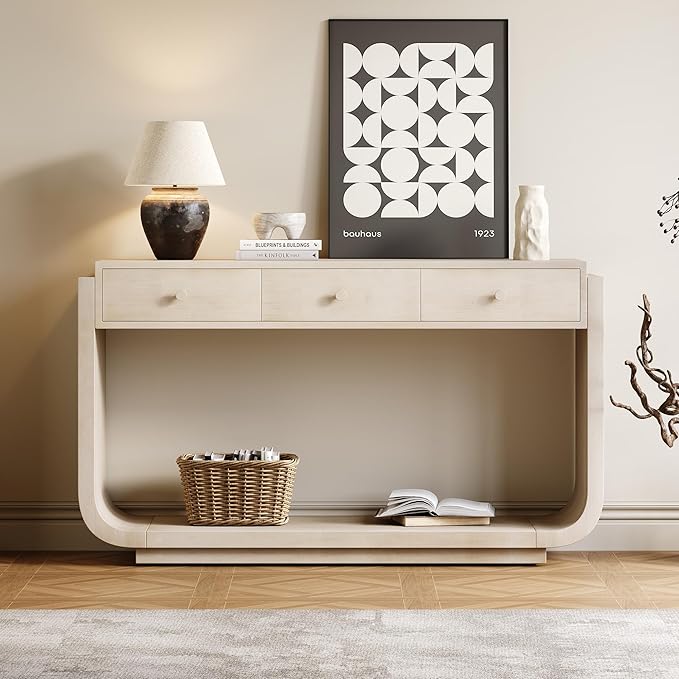 Merax 55" Entryway Table with 3 Drawers, Natural Wood Grain Finish Console Table with Fluted Design for Entryway and Living Room (Beige)