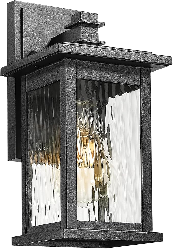 Emliviar 1 Pack Modern Outdoor Lighting Wall Mount, Front Porch Light with Water Ripple Glass Shade, Black Finish, 1803EW1-WP BK
