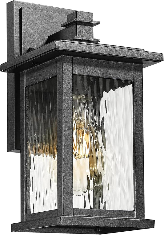 Emliviar 1 Pack Modern Outdoor Lighting Wall Mount, Front Porch Light with Water Ripple Glass Shade, Black Finish, 1803EW1-WP BK
