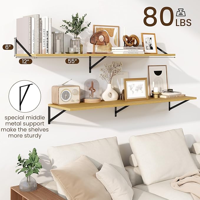 Fun Memories Floating Shelves for Wall, 12 Inch Deep Floating Shelves Set of 2, 55W x 12D Large Wall Shelf with Sturdy Metal Brackets for Living Room, Bathroom, Bedroom and Kitchen, Oak