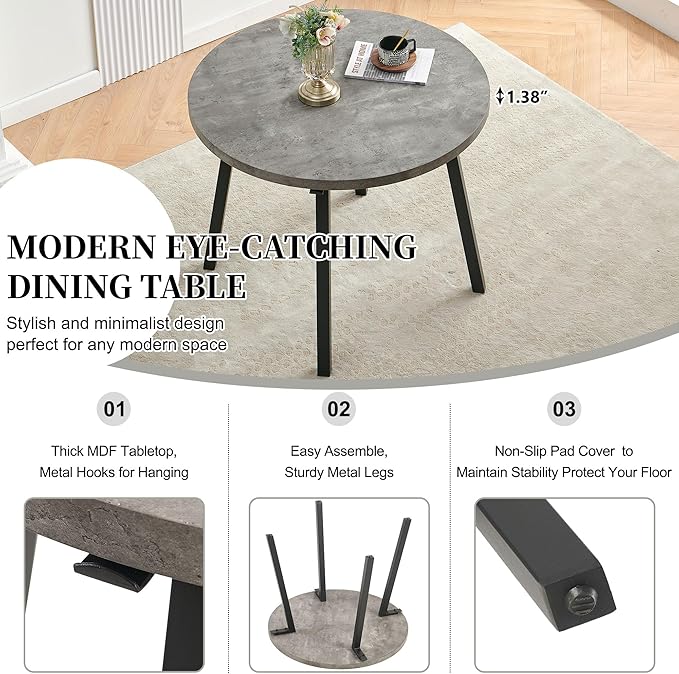 5-Piece Round Table Set for 4, 37.4" Grey Round Table with Hooks, Solid MDF Tabletop, Industrial Kitchen Table with Beige Boucle Dining Chairs for Restaurant, Dining Room