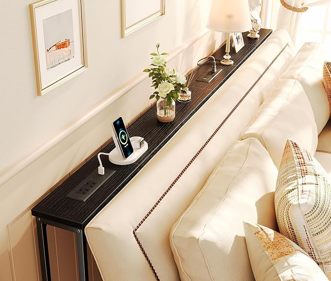 SUPERJARE 78.8 Inch Narrow Console Table with Outlet, Sofa Tables, Behind Couch Table, Long Entryway Tables with Charging Station, for Living Room, Black