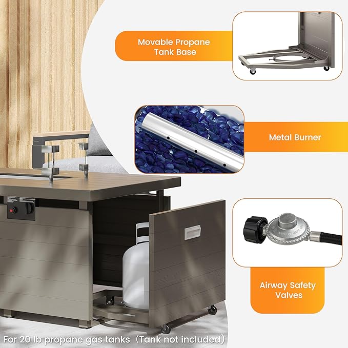 Metal Patio Furniture Set with 51inch Champagne Fire Pit Table, 6-Piece Modern Outdoor Conversation Set with 6-Inch Thick Cushions, Outdoor Furniture Set for Garden, Backyard, Balcony (Warm Grey)