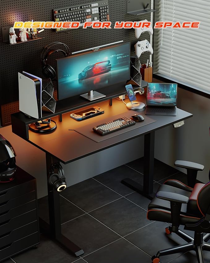 Electric Height Adjustable Standing Desk with Power Outlet and LED Light Strip, Sit to Stand, Ergonomic 48x24" Rising Desk with Memory Presets, Home Office Workstation, Computer Gaming Table, Black