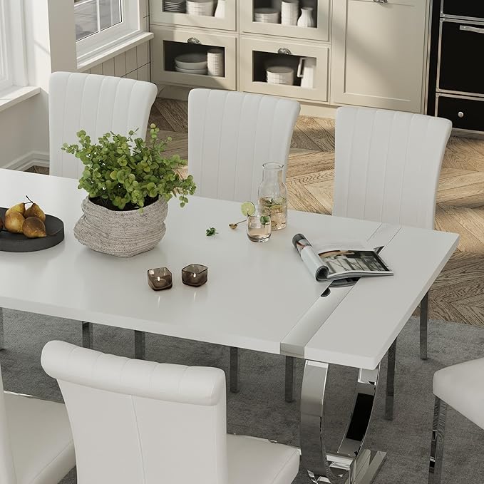 ACEDÉCOR 80" White and Silver Dining Table for 6-8, Modern Large Rectangular Lacquer Top and Chrome Metal U Shaped Base