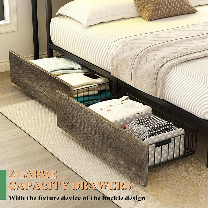 AMERLIFE Queen Bed Frame with Bookcase Headboard and 4 Storage Drawers, Wooden Platform Bed with Charging Station and LED Light, Noise-Free/No Box Spring Needed, Gray