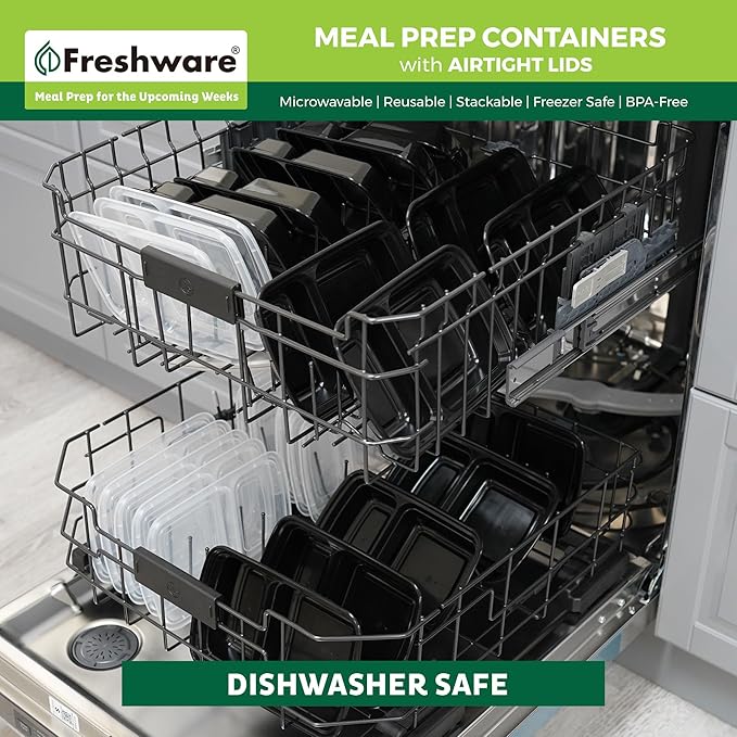 Freshware Meal Prep Containers [15 Pack] 2 Compartment with Lids, Food Storage Containers, Bento Box, BPA Free, Stackable, Microwave/Dishwasher/Freezer Safe (28 oz), Black