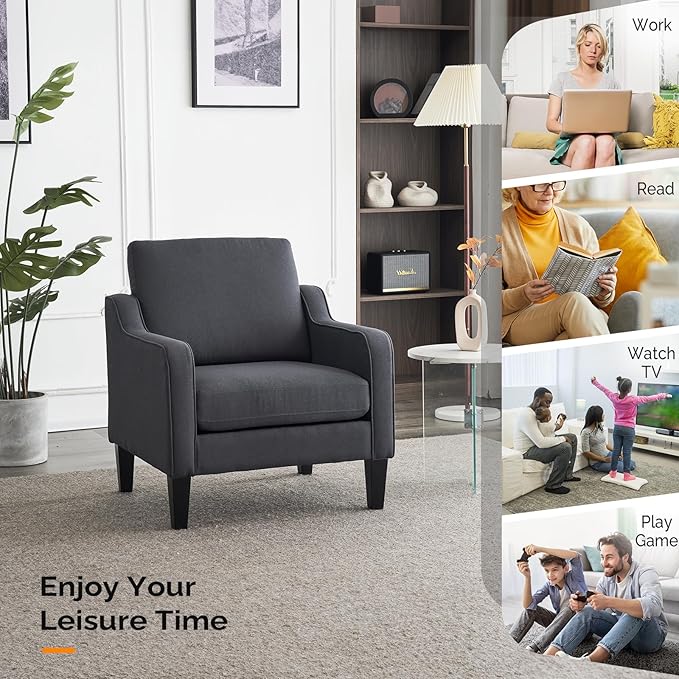 VINGLI Mid-Century Modern Accent Chair, Dark Grey Linen Upholstered, Comfortable & Supportive, 380lbs Weight Limit, Perfect for Living Room, Bedroom, Office