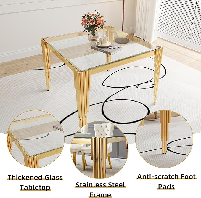 3 Piece Glass Dining Table Set, 35" Square Glass Kitchen Table with 2 White Velvet Upholstered Chairs, Gold Dining Table for 2 with Chairs Set for Kitchen, Living Room