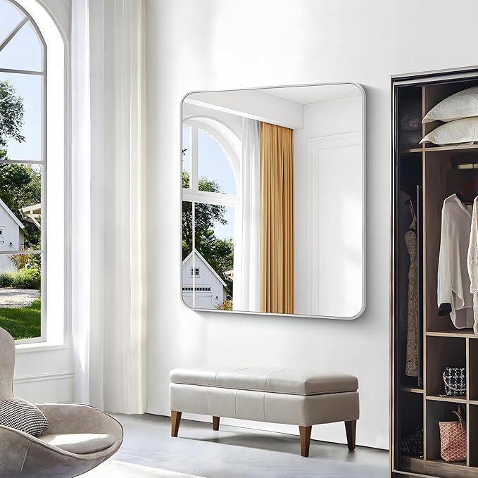 BONEWEI Silver Bathroom Mirror,40x48 inch Wall Mirror for Bathroom Wall Mounted,Rectangle Mirror for Bathroom Over Sink,Modern Frame Round Corner for Living Room,Bedroom Entryway,Horizontal/Vertical