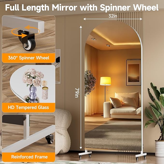 Hasipu 79" x 32" Arched Rolling Home Gym Mirror with Wheels, 360° Swivel Body Mirror with HD Tempered Glass, Large Floor Mirror for Yoga Room, Dance Studio, Bedroom & Home Gym