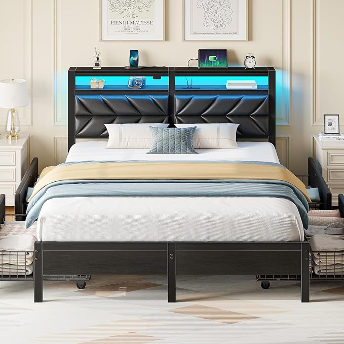 Seventable Full Size Bed Frame with 4 Storage Drawers, Charging Station & LED Lights, Upholstered Headboard with 2-Tier Shelves, Metal Platform Bed, No Box Spring Needed, Noise-Free, Black