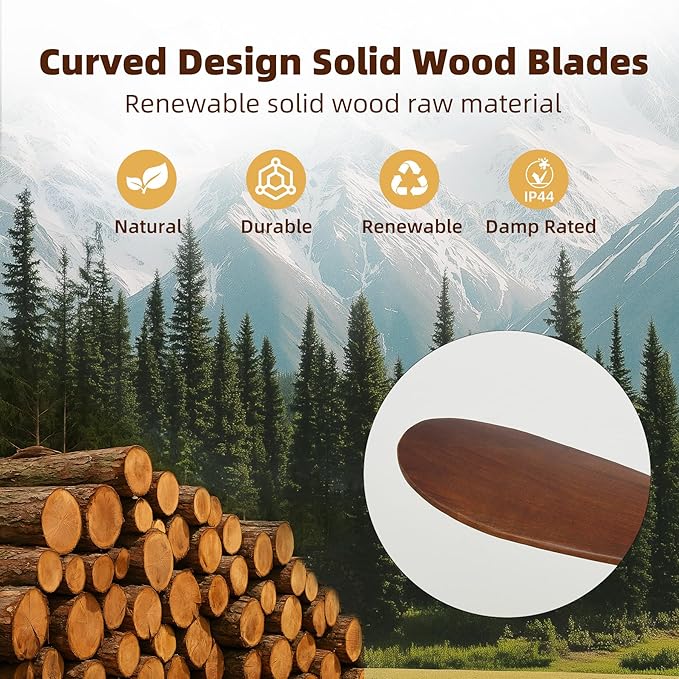 Ceiling Fan Without Light, 72 Inch Smart Wood Ceiling Fan no Lights, Compatible with Alexa/Google, 3 Natural Walnut Blades, Remote, Quiet Reversible DC Motor for Indoor Outdoor