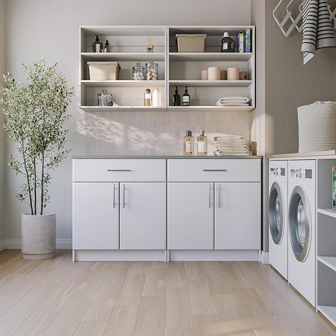 Prepac Elite 36" Tall Storage Cabinet with Doors and Shelves, Multipurpose Garage Cabinet with Large Drawer and Adjustable Shelf, Open Back Storage Furniture for Kitchen, Laundry Room, Garage, White