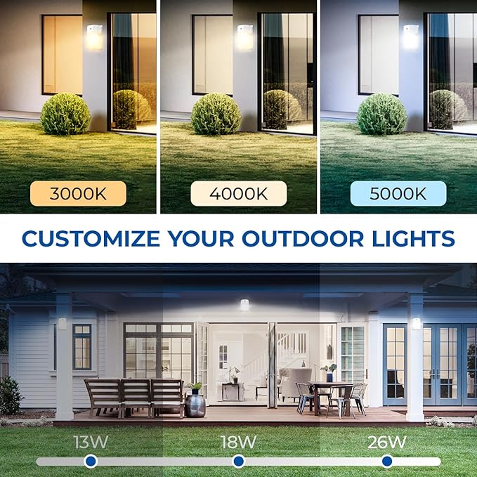 CINOTON 26W LED Wall Pack Light with Dusk to Dawn Sensor, 3CCT 3000K/4000K/5000K, 26W/18W/13W Switchable, [100-277Vac] IP65 Waterproof Outdoor Security Flood Lighting for Garage Warehouse 2 Pack