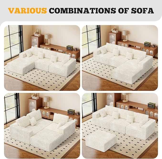 113" Modular Sectional Sofa, Convertible L-Shaped Cloud Couches for Living Room with Ottoman, 4 Seater Corduroy Boneless Couch Sofa Set, No Assembly Required, Beige 1 PCS