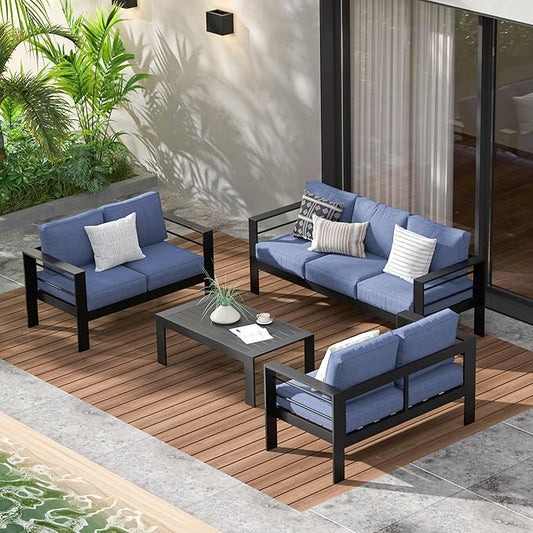 Wisteria Lane Aluminum Outdoor Patio Furniture Set, Modern Patio Conversation Sets, Outdoor Sectional Metal Sofa with 5 Inch Cushion and Coffee Table for Balcony, Garden, Black Frame & Blue Cushion