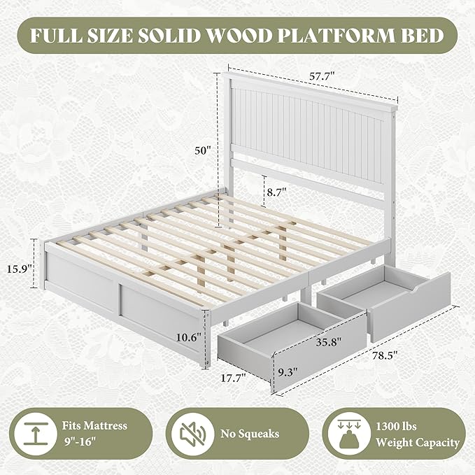 AMERLIFE Full Size Solid Wood Bed Frame with 50" Tall Headboard, Mid-Century Modern Bed with Storage Drawers, Wooden Platform Bed with 2 Drawers, No Box Spring Needed, White
