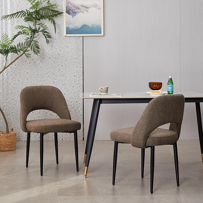 Modern Dining Chairs, Fabric Upholstered Accent Kitchen Chairs with Comfy Padded Seat & Sturdy Metal Legs, Side Farmhouse Chairs for Dining Room, Living Room, Restaurant (Brown, Set of 2)