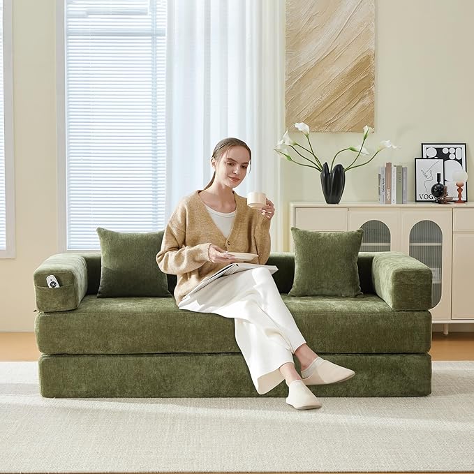 Comfy Convertible Folding Mattress Couch, Floor Sofa Bed, Chenille Floor Sofa with Armrest, Floor Sofa Lounge Couch for Living Room Bedroom Lounge Studio-Green