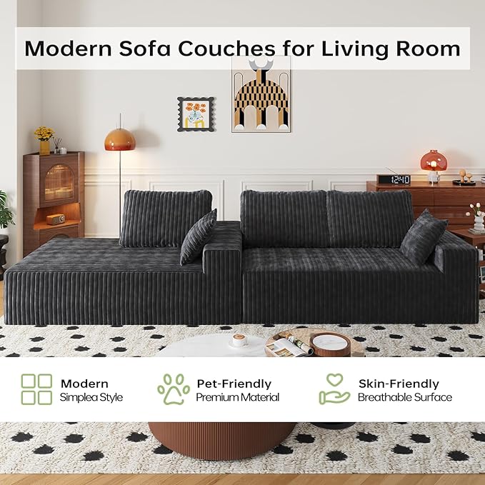 108" Sectional Couches for Living Room, Modular Sectional Sofa with L-Shape Chaise, Boneless Couch, Comfy Corduroy Fluffy Couch with Deep Seat and Side Pockets, No Assembly Required