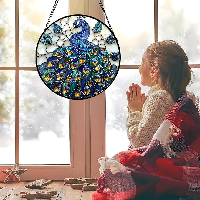 Stained Glass Window Hanging - Peacock Blue Gold Feathers Sun Catcher for Door Garden Home Decor Bird Suncatcher Christmas Mother's Day Birthday Gifts for Women Men Mom Nana 15 in