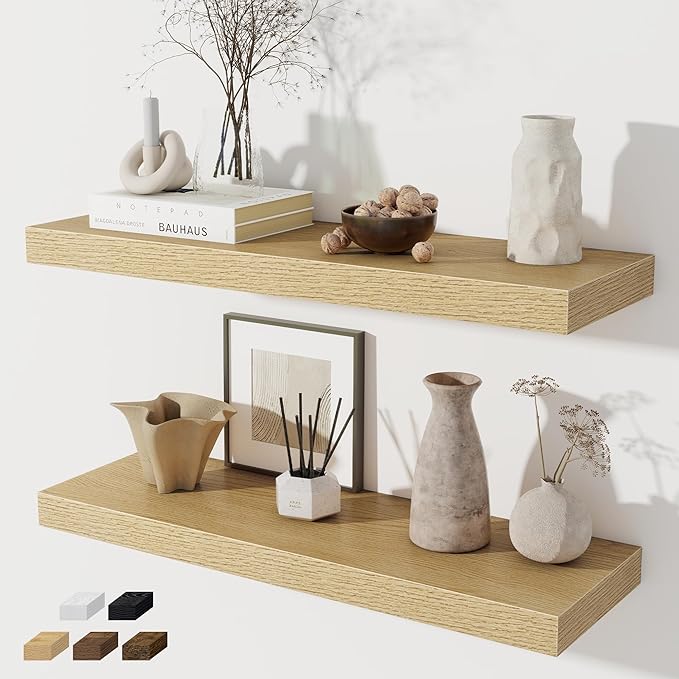 Floating Shelves for Wall, 28 Inch Floating Shelves Set of 2, Wall Mounted Rustic Wood Shelf for Bathroom, Living Room, Bedroom and Kitchen, Hanging Shelf for Storage, Books, Home Decor, Oak