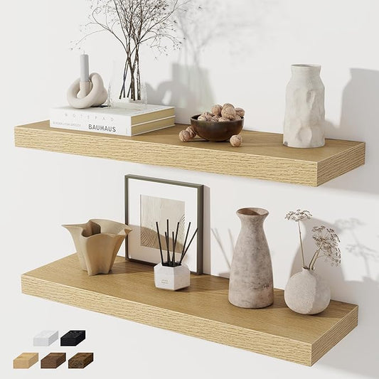 Floating Shelves for Wall, 28 Inch Floating Shelves Set of 2, Wall Mounted Rustic Wood Shelf for Bathroom, Living Room, Bedroom and Kitchen, Hanging Shelf for Storage, Books, Home Decor, Oak