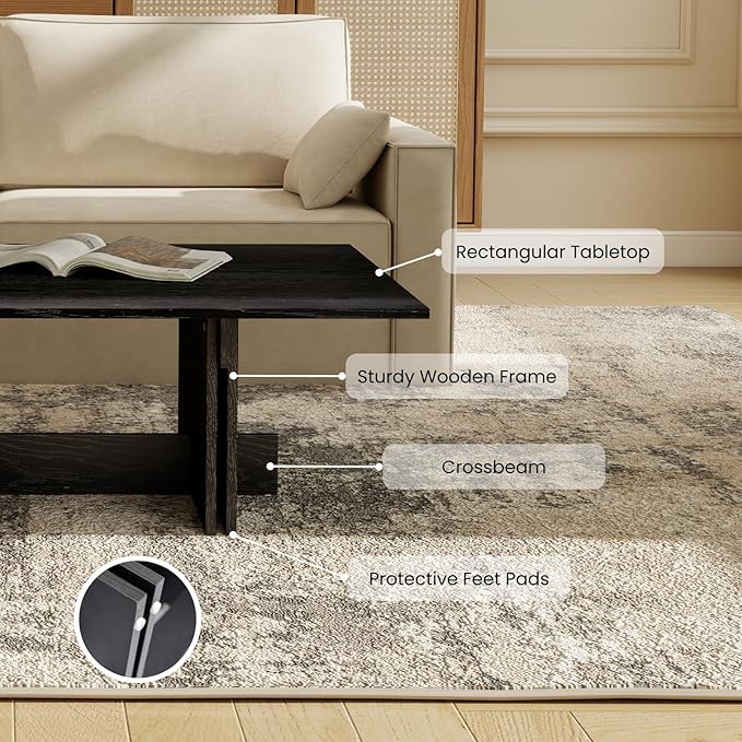 47 Inch Modern Farmhouse Coffee Table, Large Rectangular Wood Center Table with Cross Base for Living Room, Rustic Industrial Cocktail Table, Black